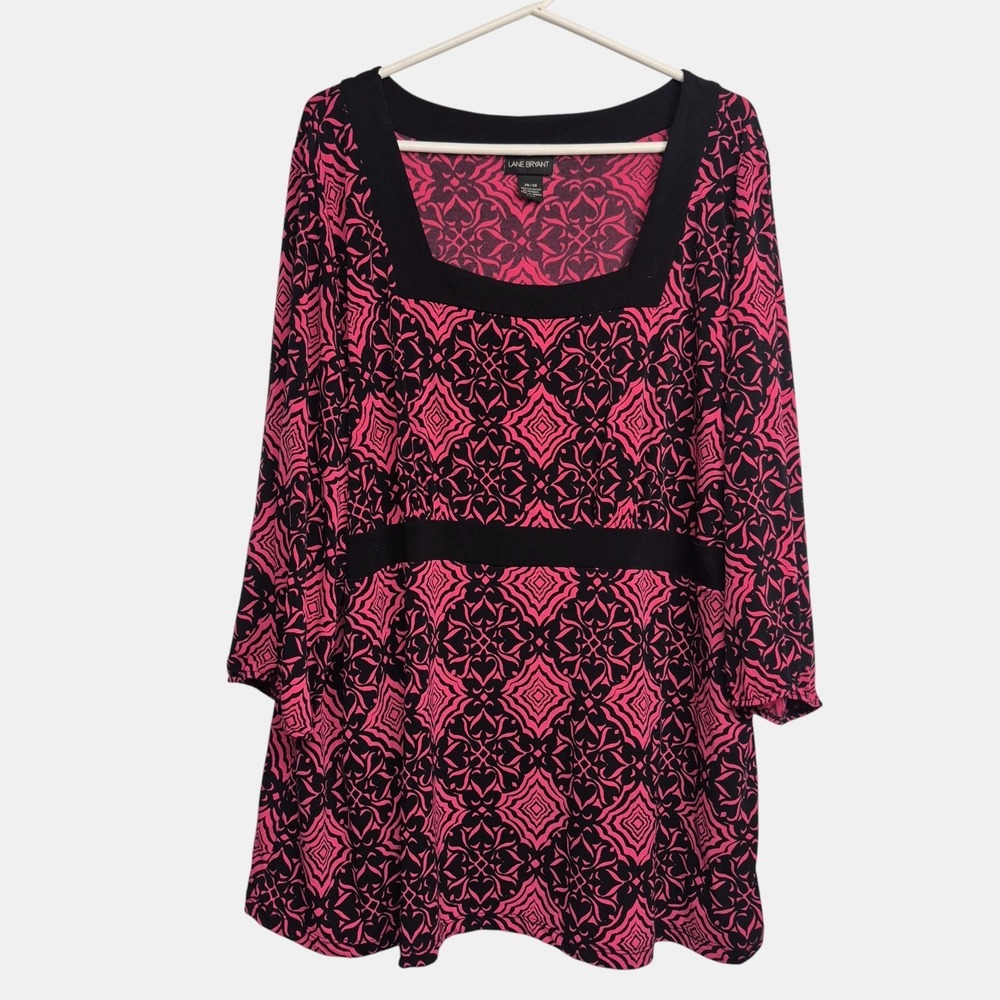 Lane Bryant Womens‎ Plus 26/28 Blouse Tunic Pink Black Mosaic Print Long Sleeve